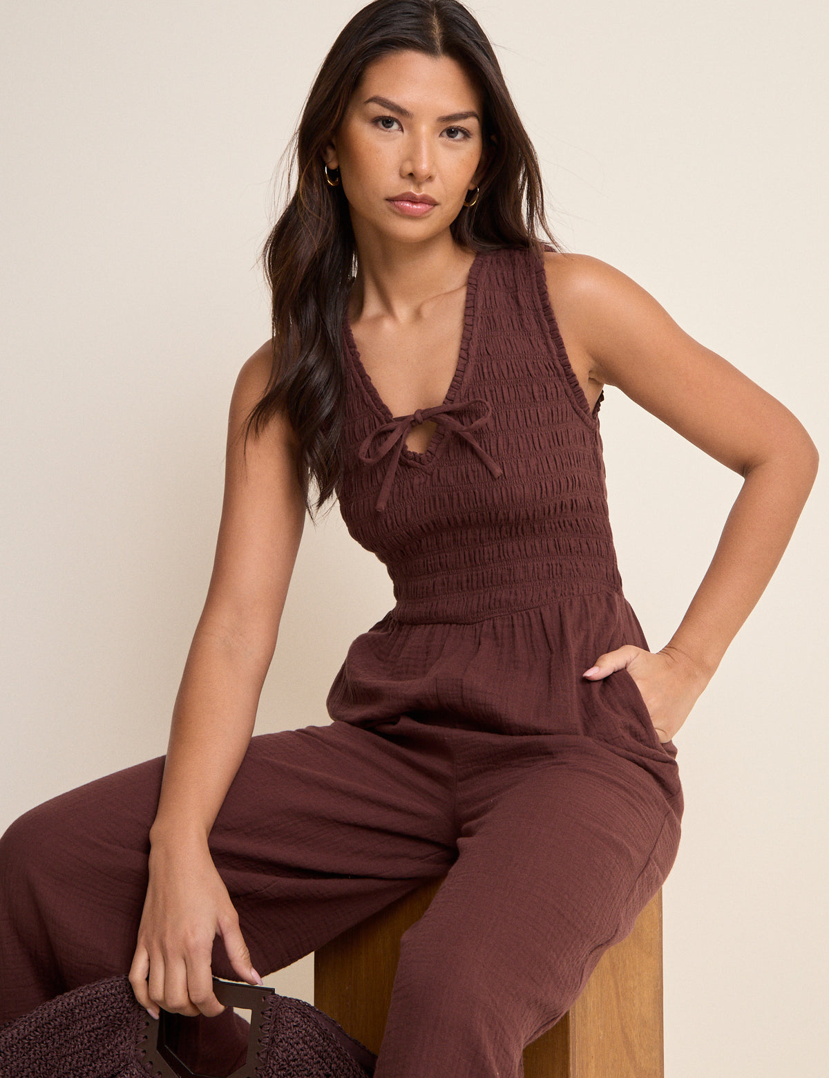 Brown Shirred Jayda Jumpsuit