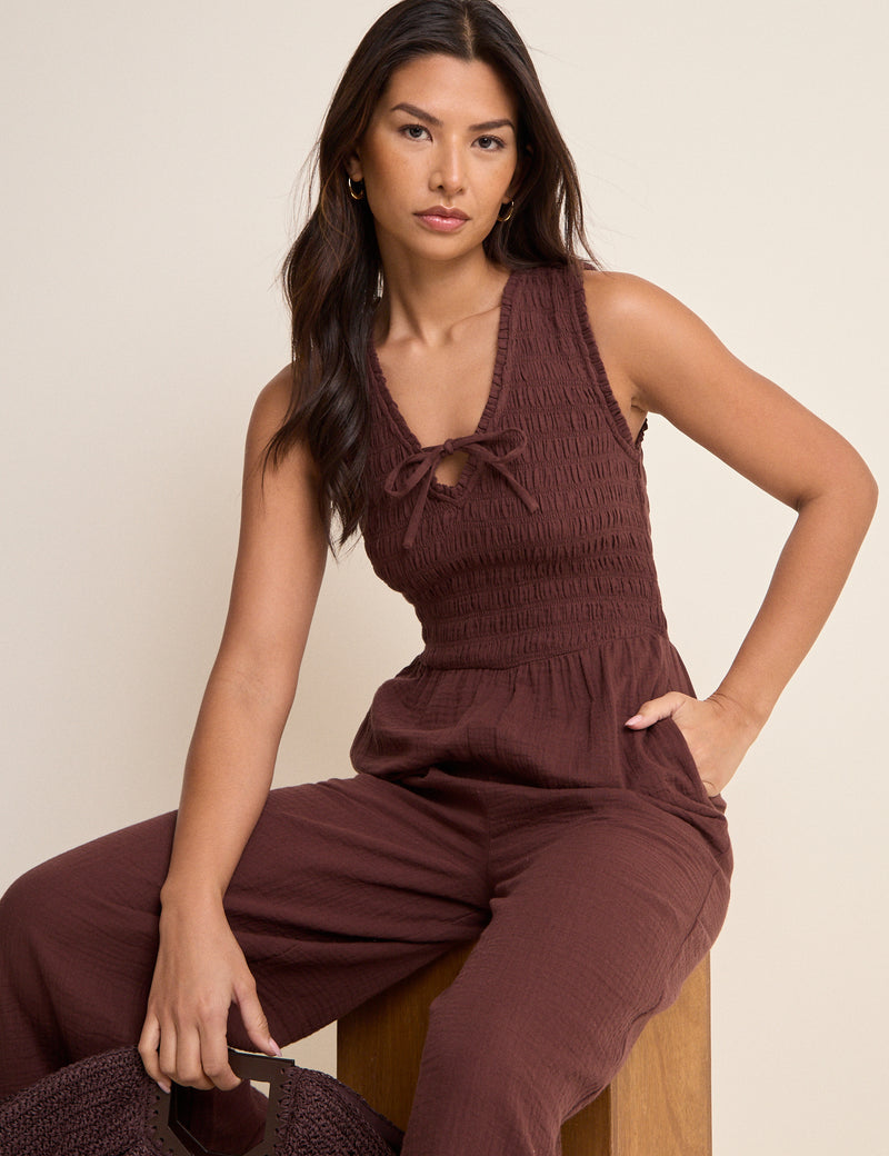 Brown Shirred Jayda Jumpsuit