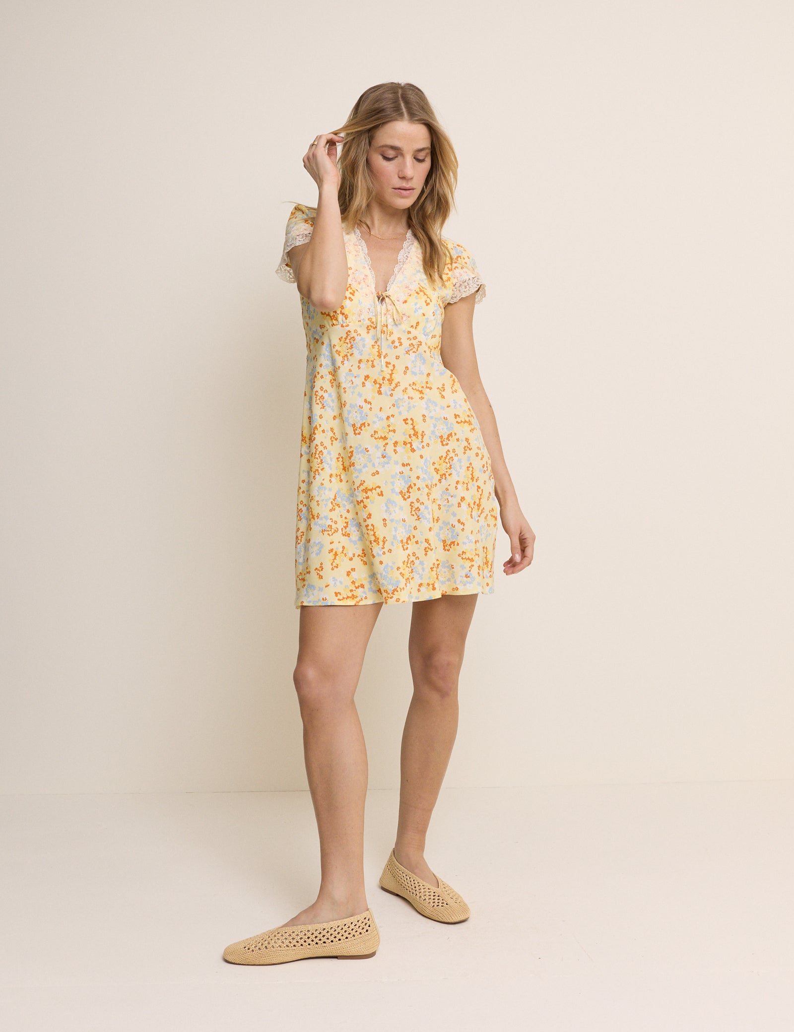 Yellow Floral Lace Trim Aida Mini Dress