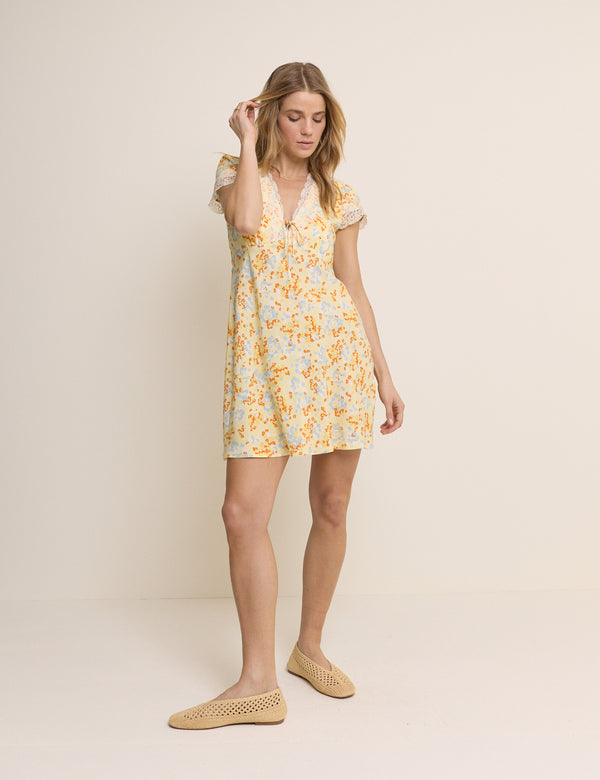 Yellow Floral Lace Trim Aida Mini Dress