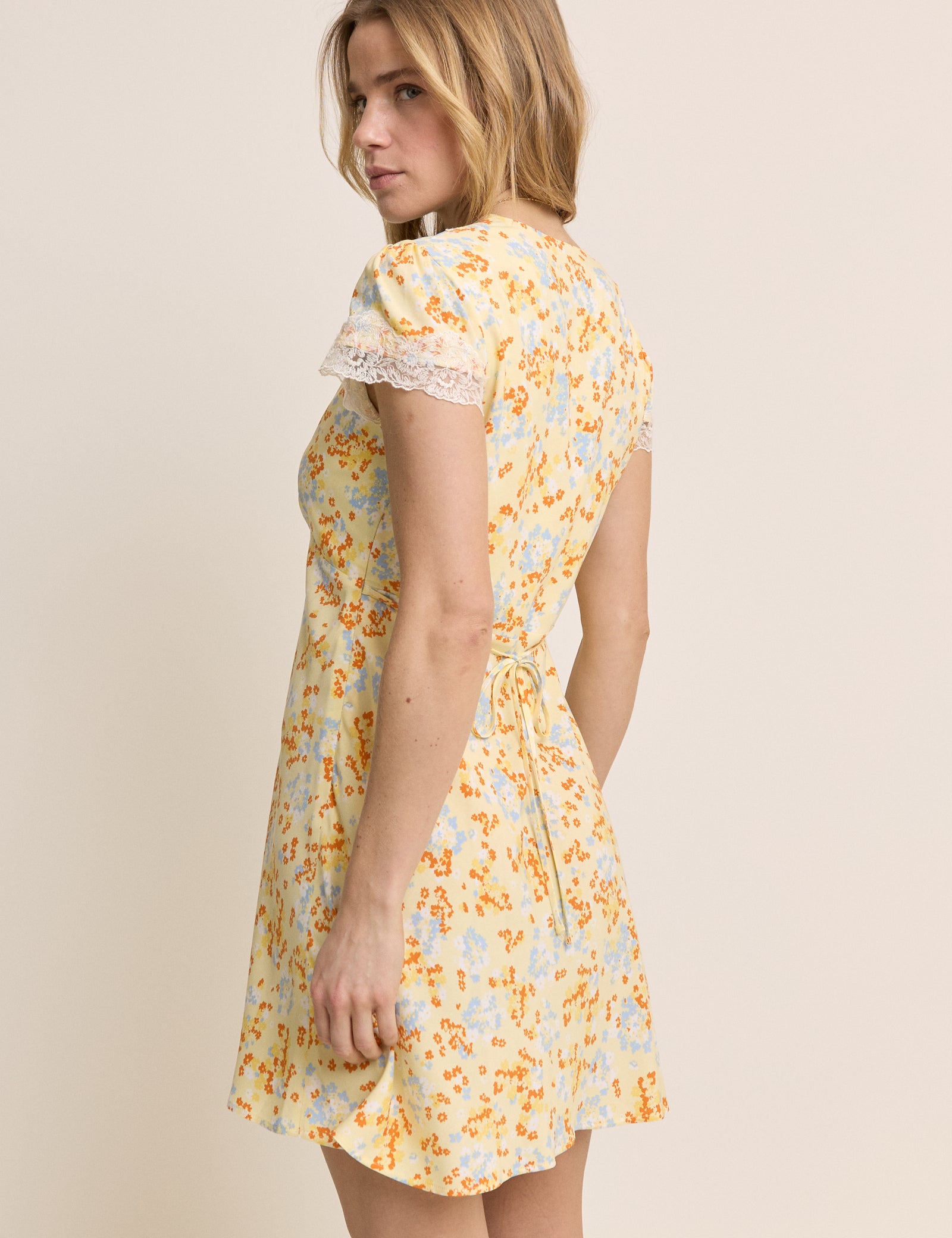 Yellow Floral Lace Trim Aida Mini Dress