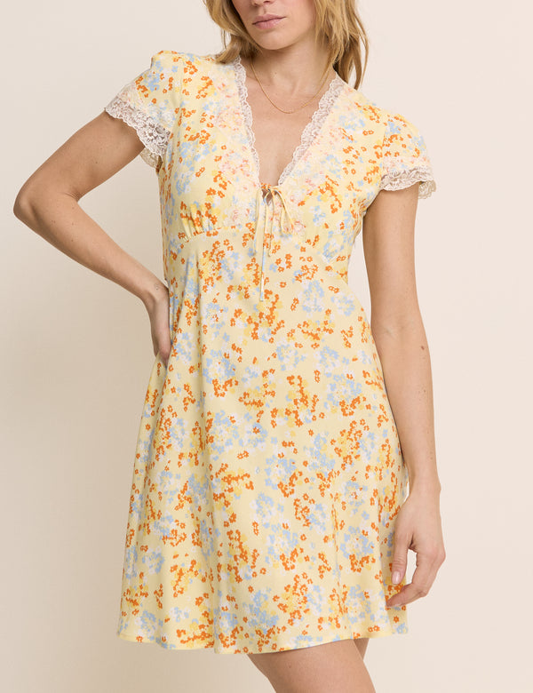 Yellow Floral Lace Trim Aida Mini Dress