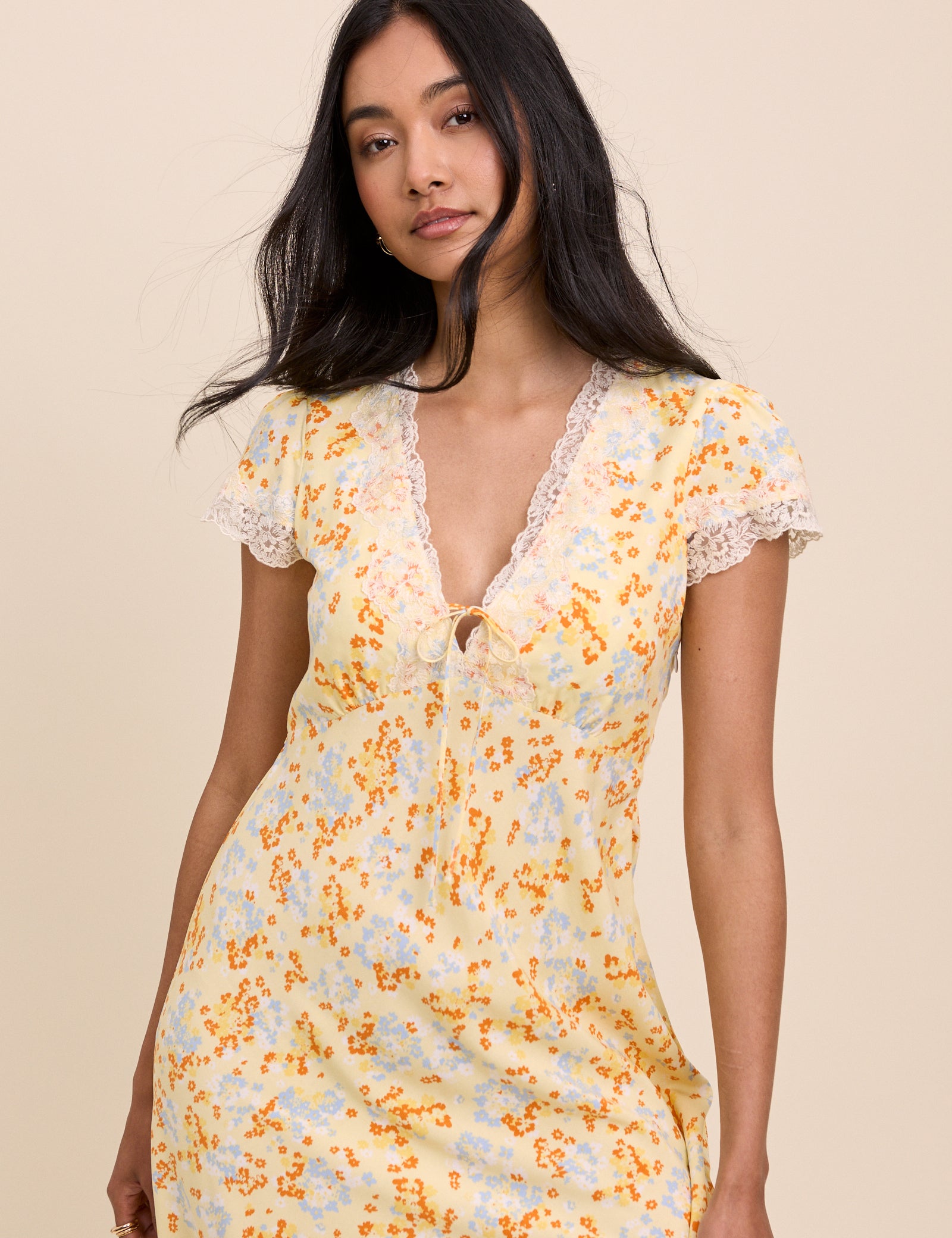 Yellow Floral Lace Trim Aida Mini Dress Yellow Floral Lace Trim Aida Mini Dress