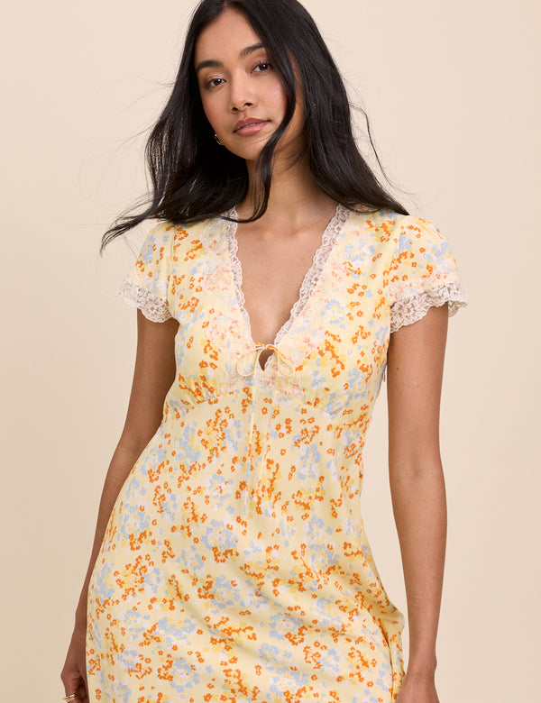 Yellow Floral Lace Trim Aida Mini Dress