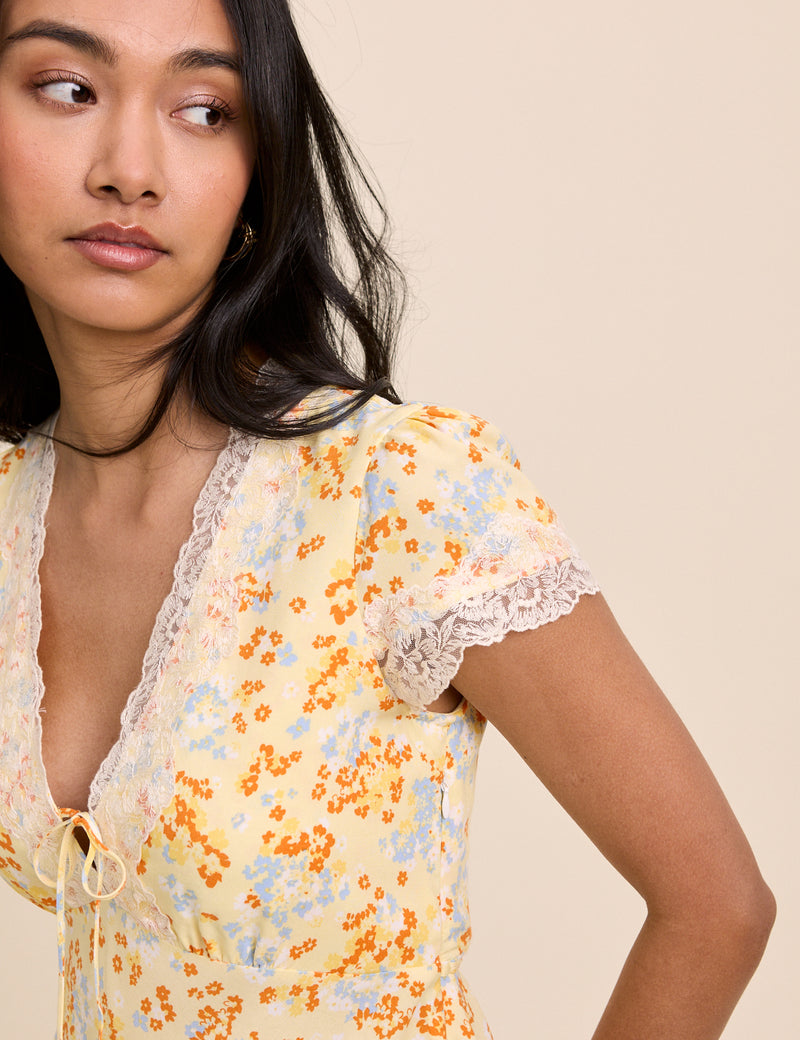 Yellow Floral Lace Trim Aida Mini Dress