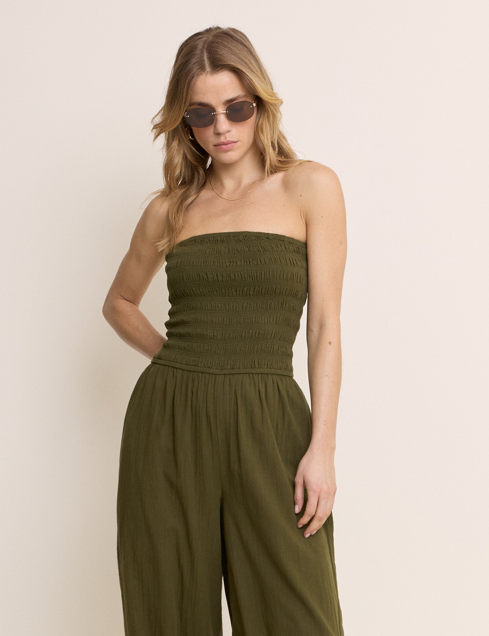 Khaki Shirred Bandeau Carly Jumpsuit
