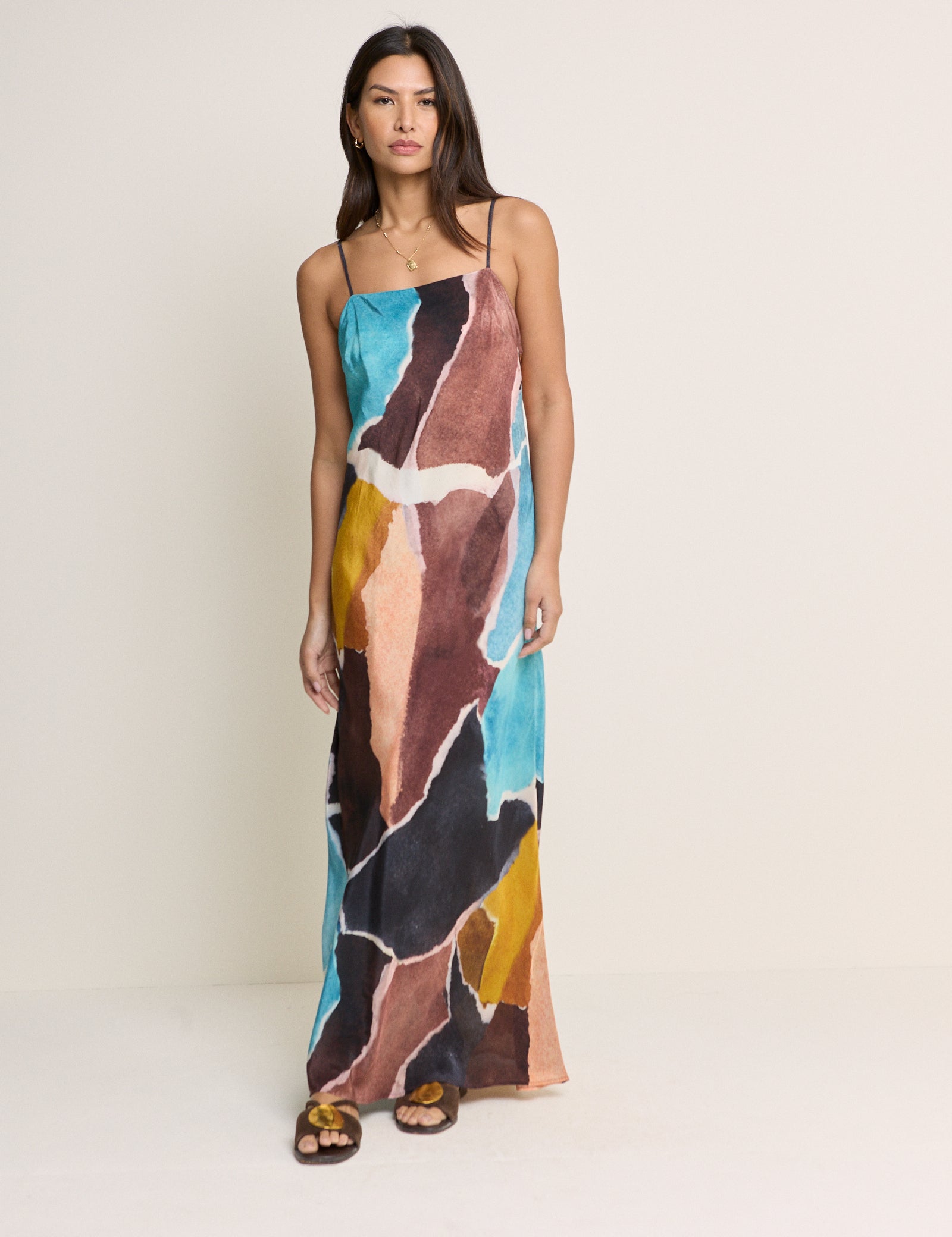 Brown Strappy Abstract Print Darcie Midi Dress