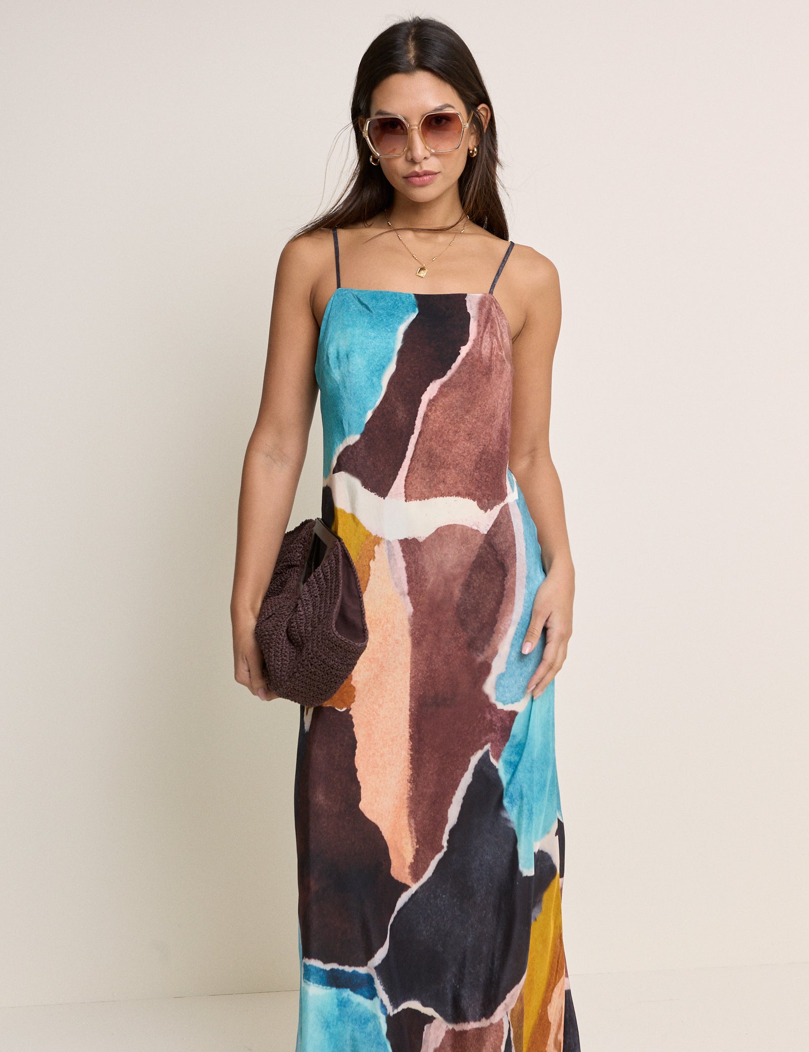 Brown Strappy Abstract Print Darcie Midi Dress