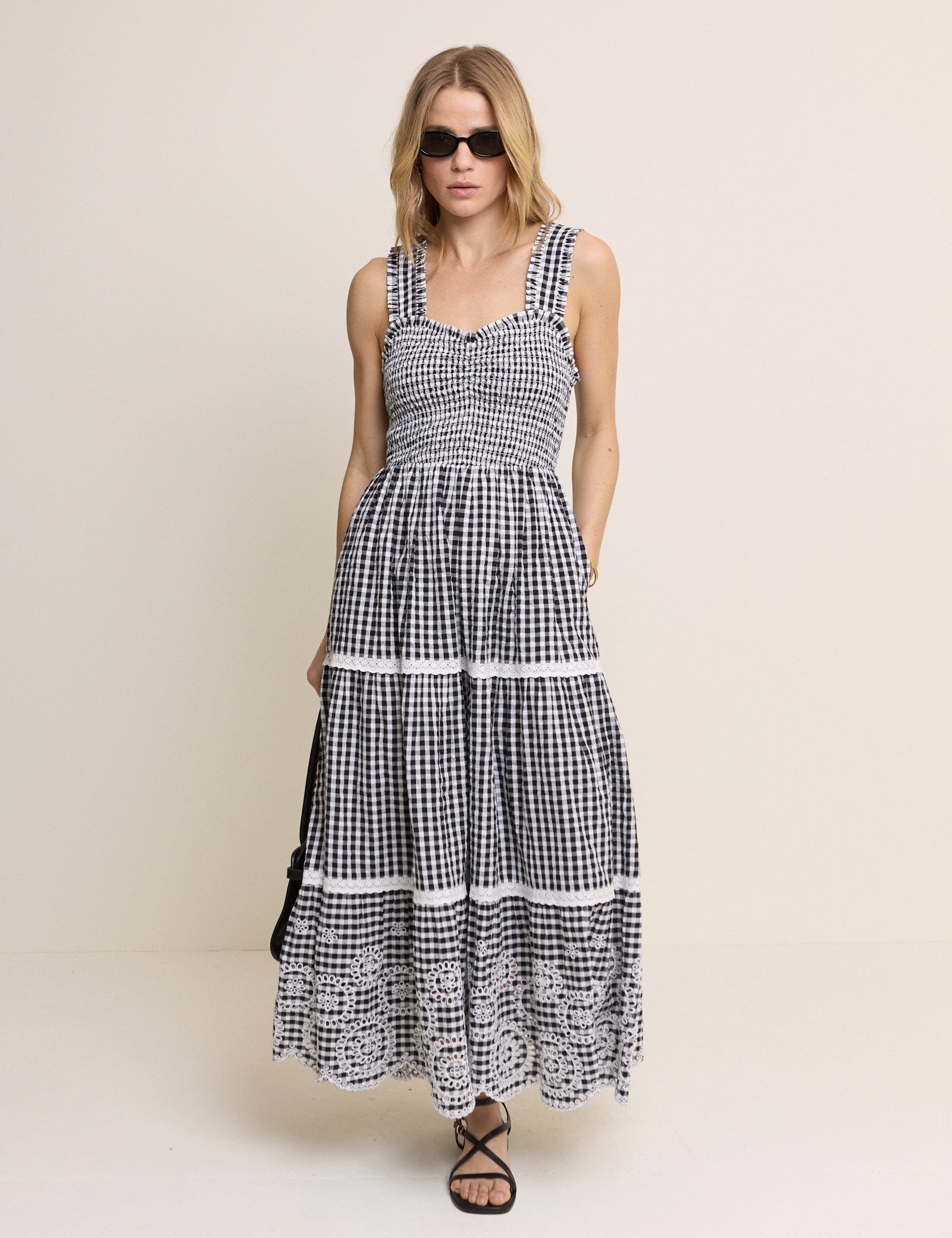 Black Gingham Shirred Tiered Darla Maxi Dress Black Gingham Shirred Tiered Darla Maxi Dress