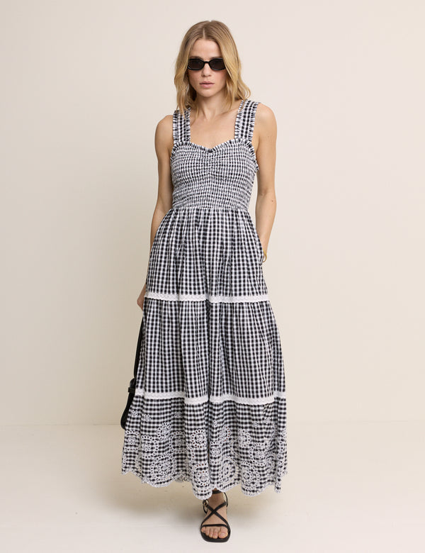 Black Gingham Shirred Tiered Darla Maxi Dress