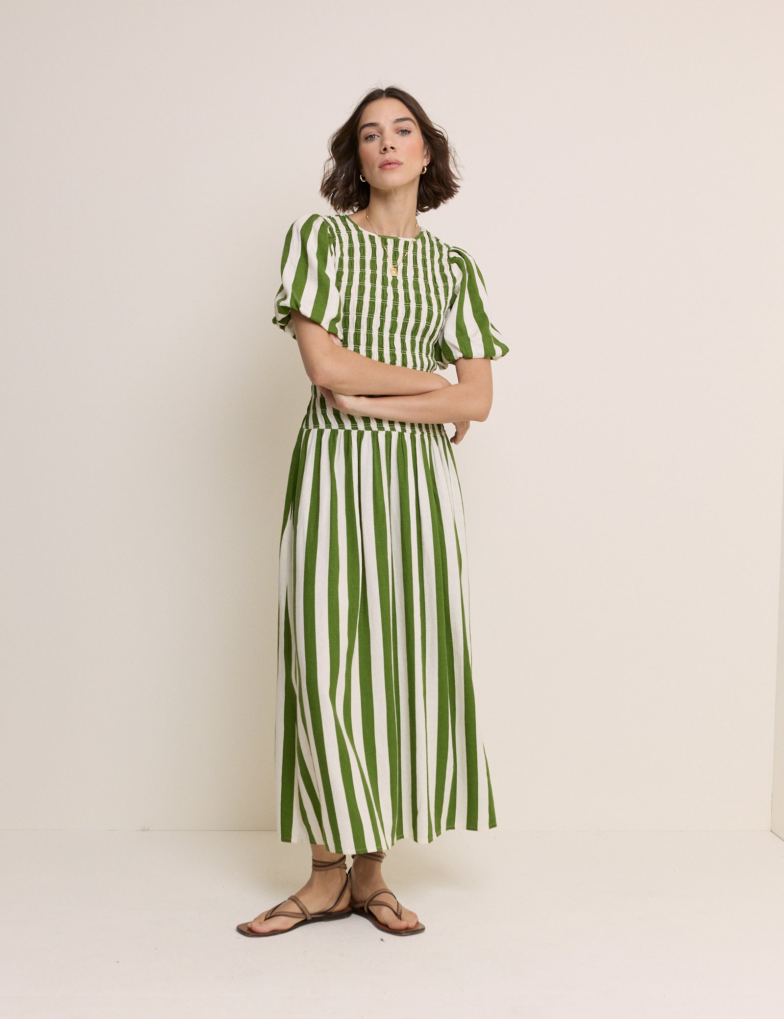 Green Striped Shirred Drop Waist Amanda Midi Dress Green Striped Shirred Drop Waist Amanda Midi Dress