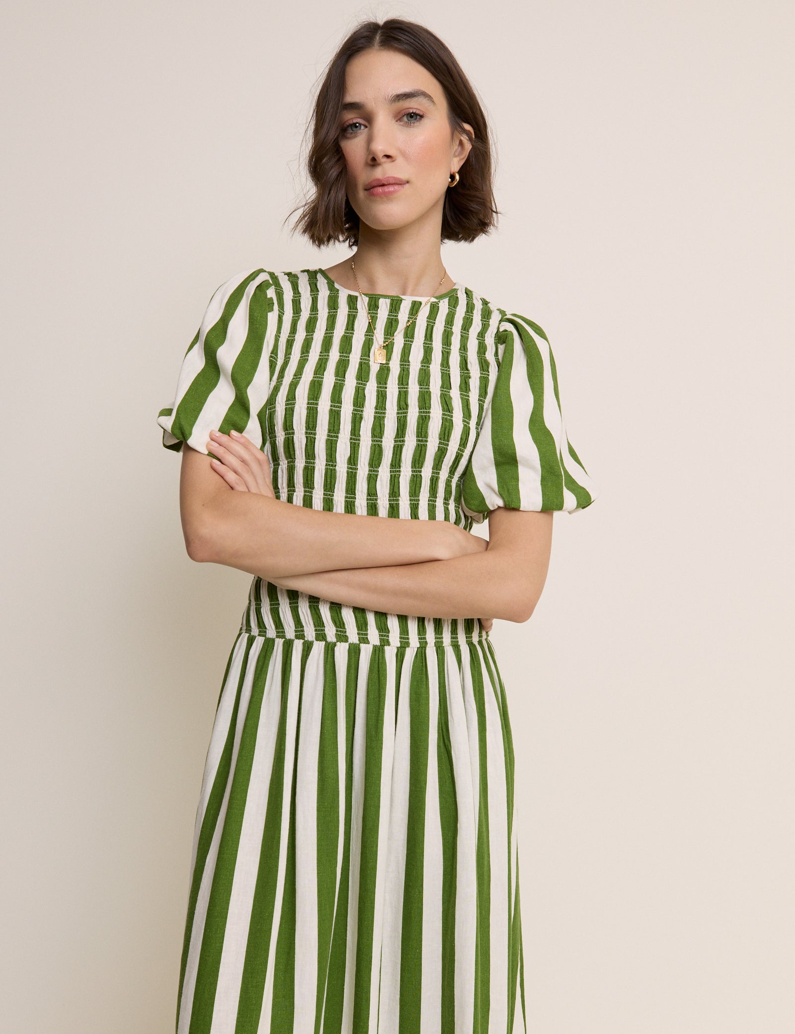 Green Striped Shirred Drop Waist Amanda Midi Dress Green Striped Shirred Drop Waist Amanda Midi Dress