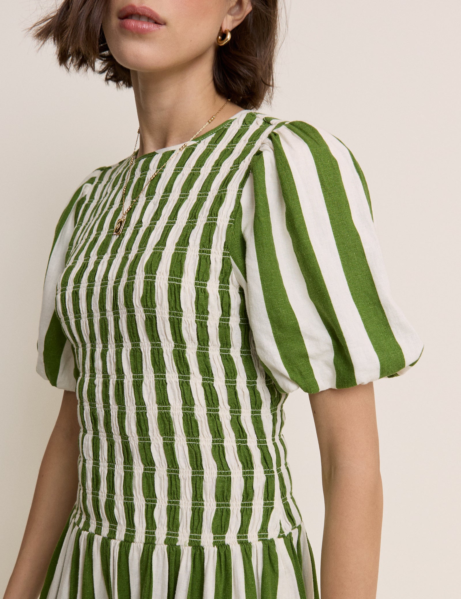 green striped dress Green Striped Shirred Drop Waist Amanda Midi Dress