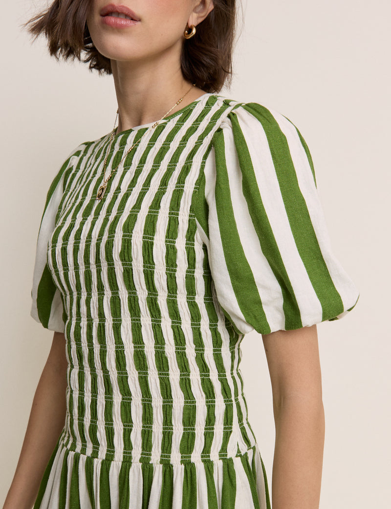 Green Striped Shirred Drop Waist Amanda Midi Dress