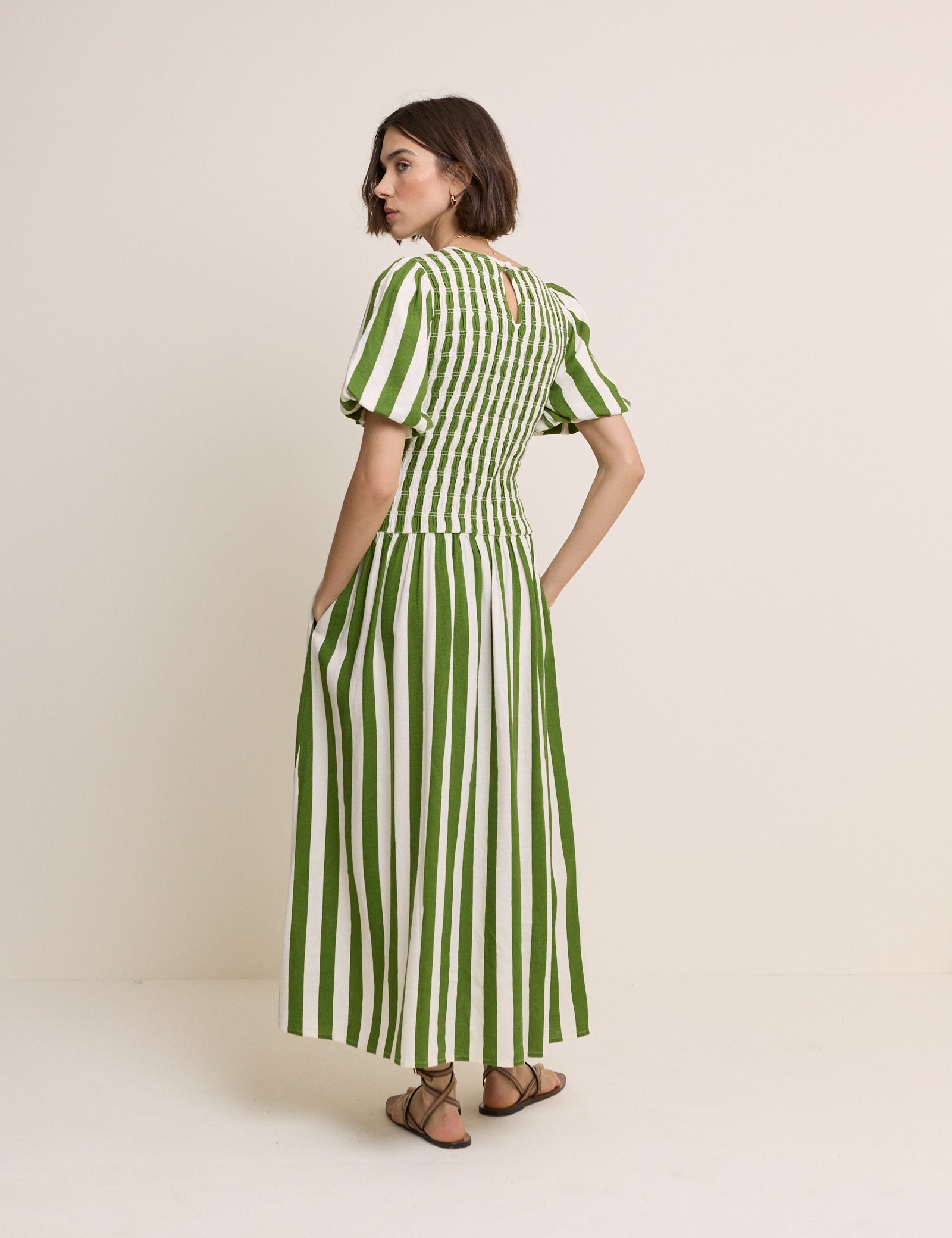 Green Striped Shirred Drop Waist Amanda Midi Dress Green Striped Shirred Drop Waist Amanda Midi Dress