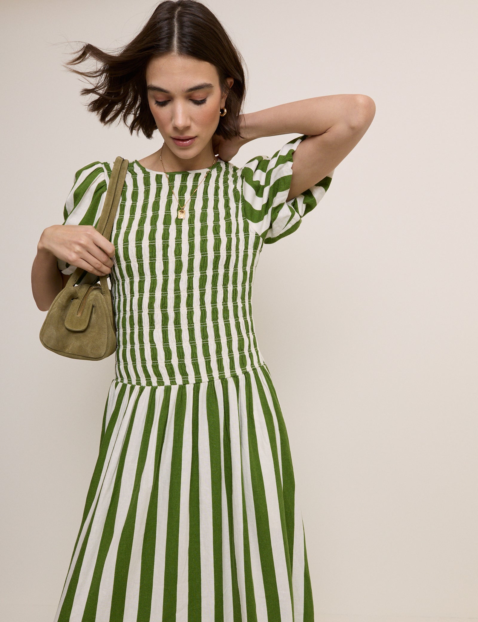 Green Striped Shirred Drop Waist Amanda Midi Dress Green Striped Shirred Drop Waist Amanda Midi Dress