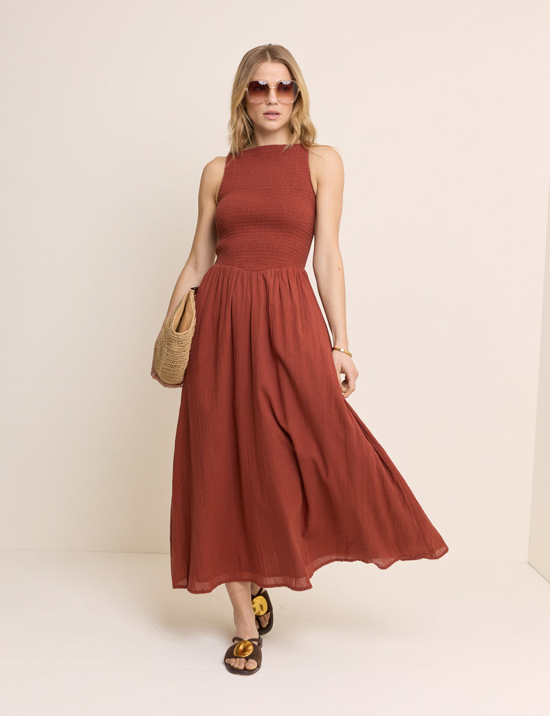 Burnt Orange Drop Waist Shirred Angelina Midi Dress