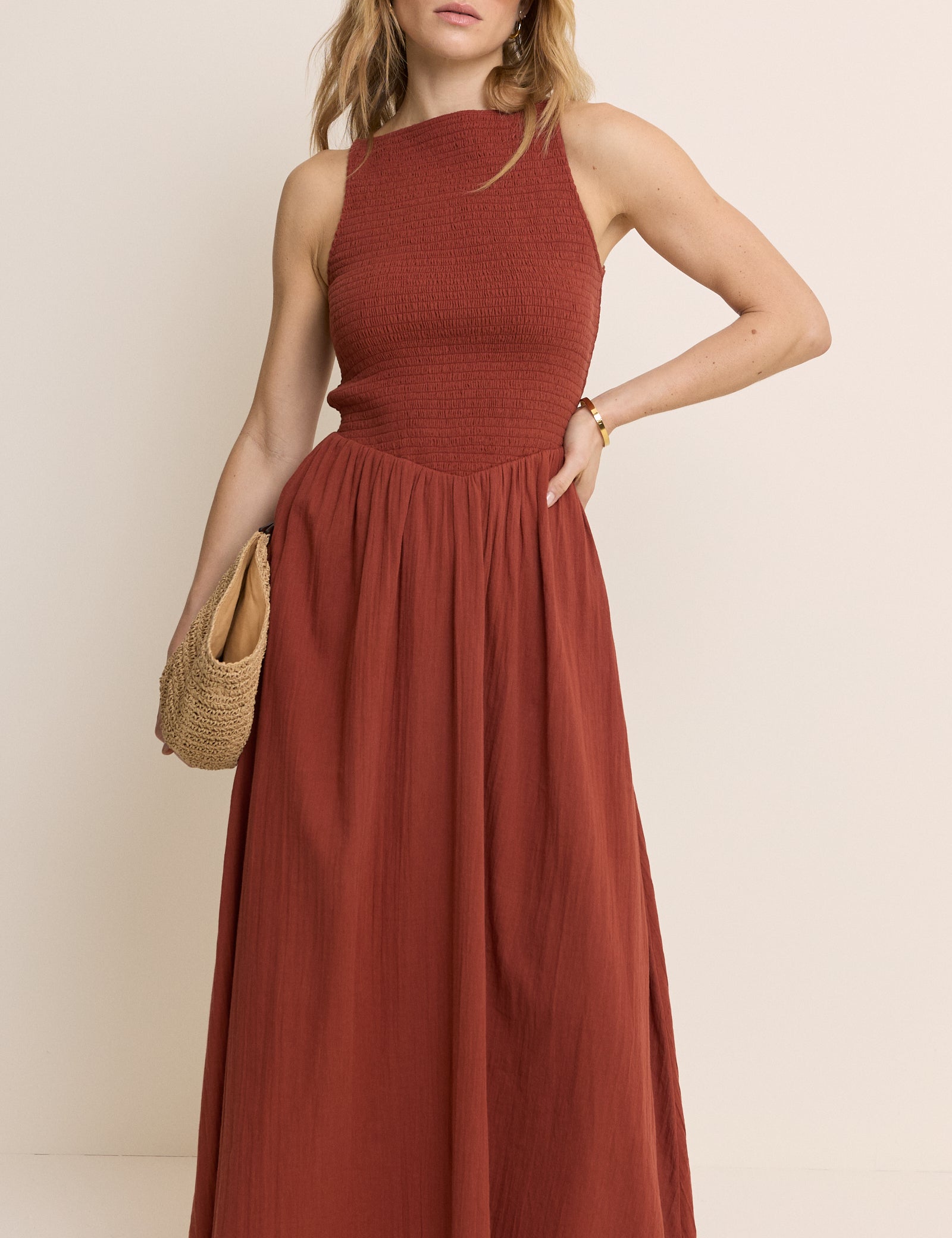 Burnt Orange Drop Waist Shirred Angelina Midi Dress