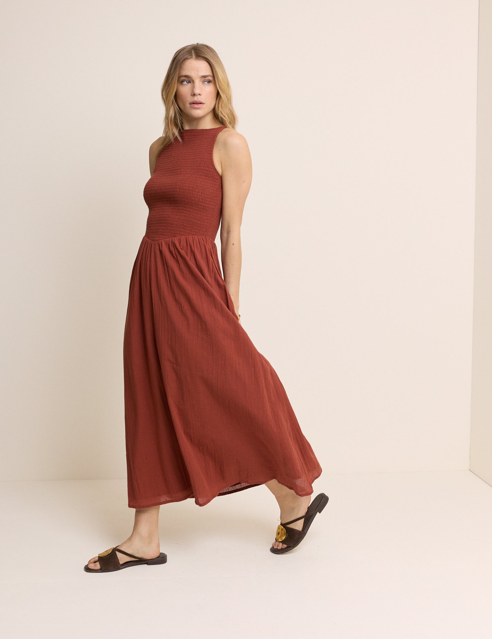midi dress burnt orange Burnt Orange Drop Waist Shirred Angelina Midi Dress