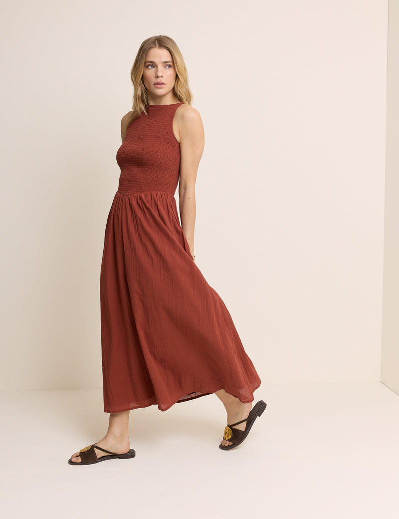 Burnt Orange Drop Waist Shirred Angelina Midi Dress