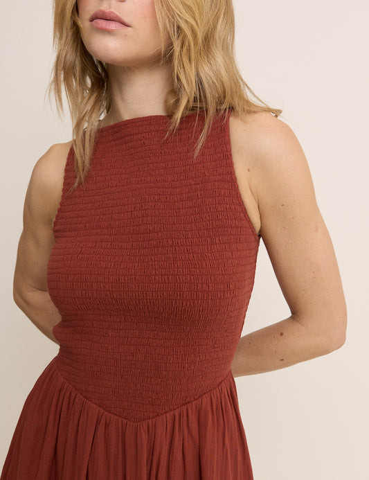 Burnt Orange Drop Waist Shirred Angelina Midi Dress