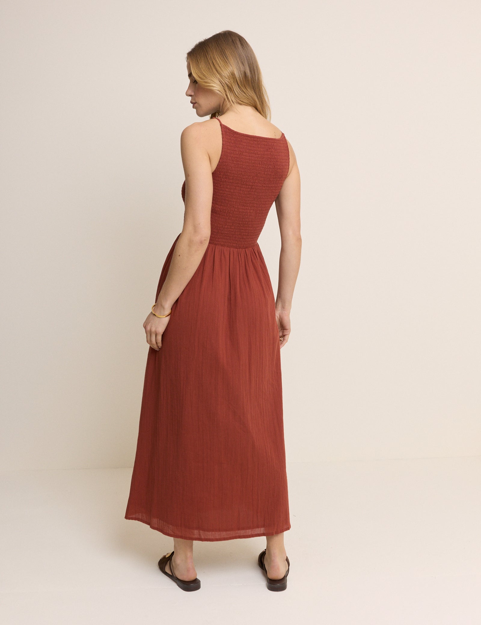 Burnt Orange Drop Waist Shirred Angelina Midi Dress Burnt Orange Drop Waist Shirred Angelina Midi Dress