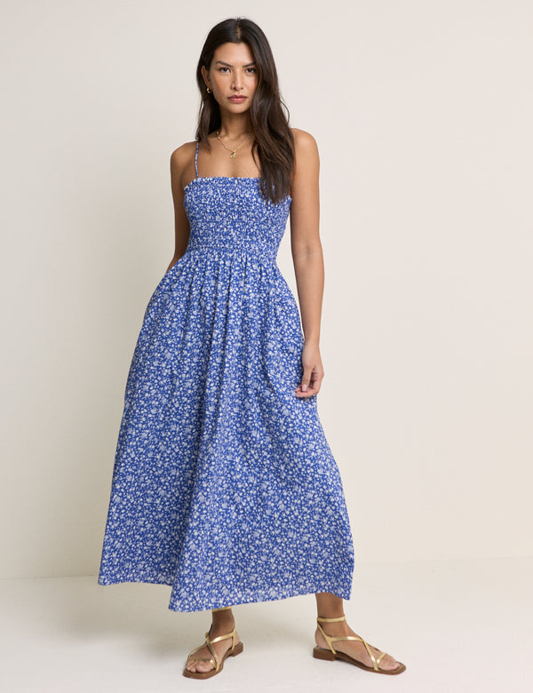 Blue Floral Shirred Rita Midi Dress