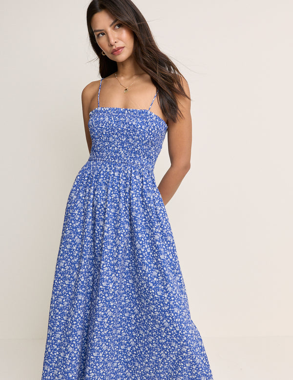 Blue Floral Shirred Rita Midi Dress