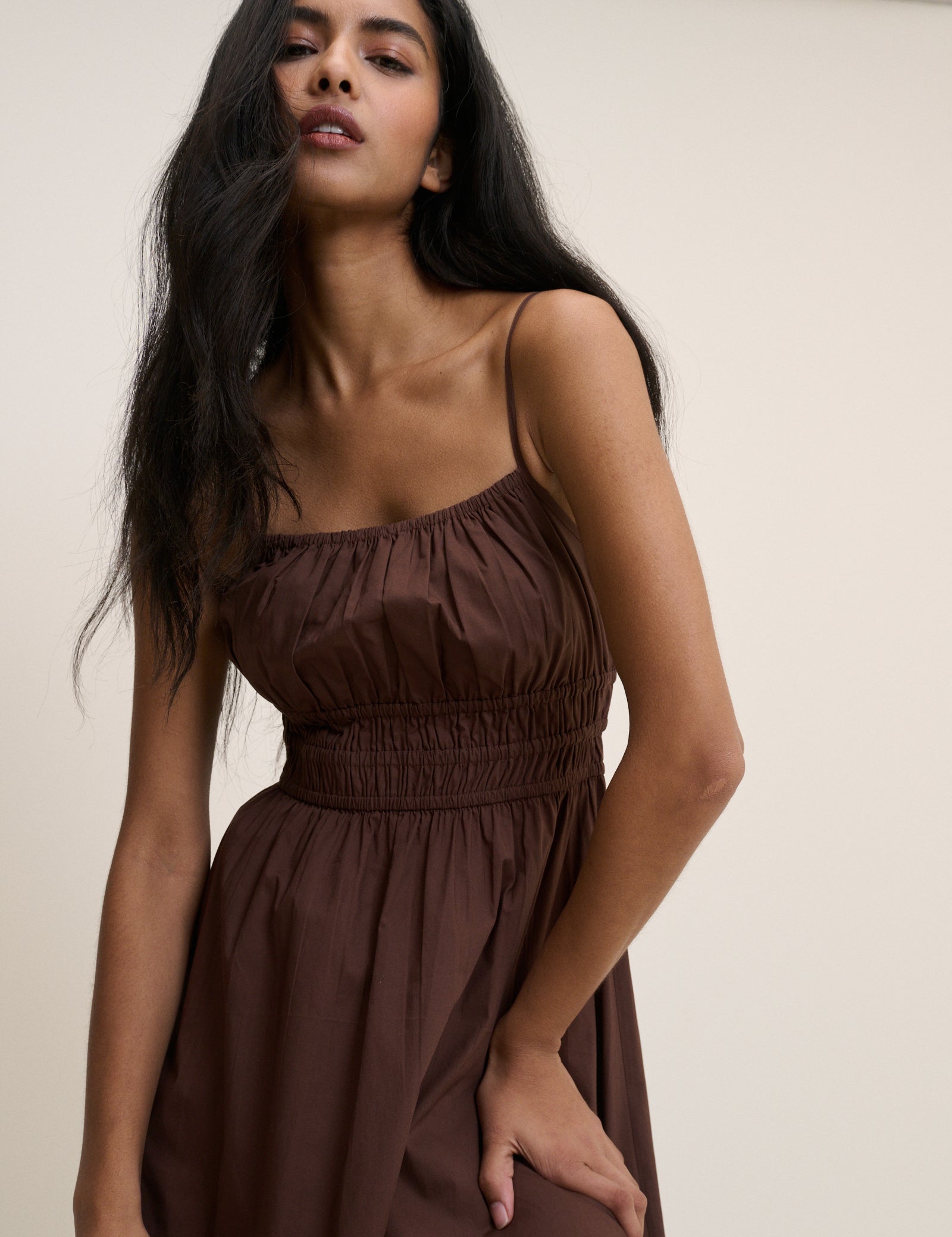 Brown Shirred Jocelyn Maxi Dress