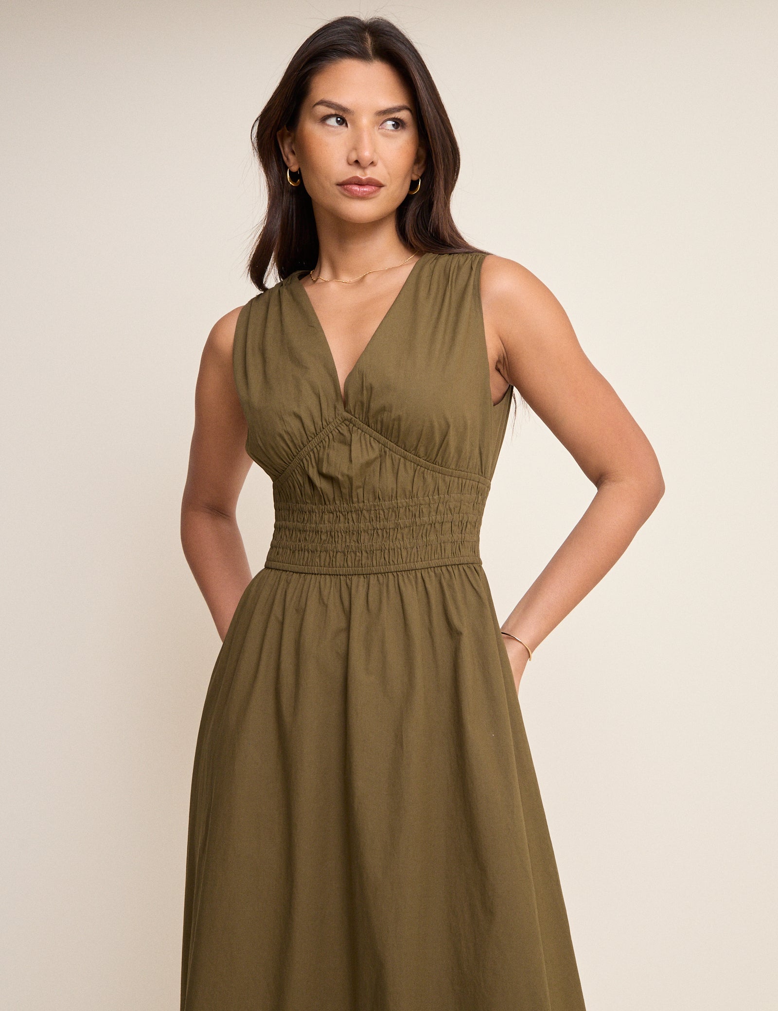 Khaki Sleeveless Angelica Midi Dress