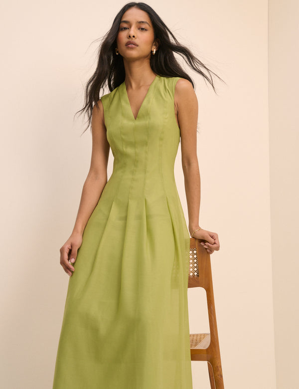 Light Green Pleated V-Neck Ohana Midaxi Dress