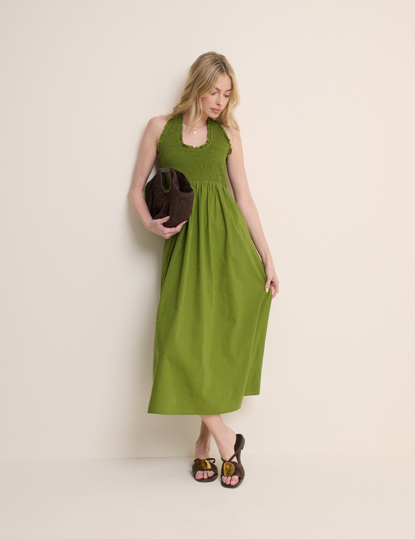 Green Shirred Halterneck Caterina Midi Dress Green Shirred Halterneck Caterina Midi Dress