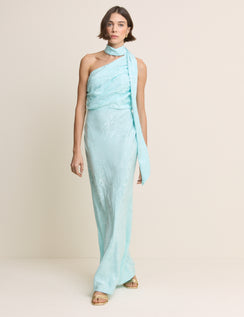 Light Blue Floral Satin Oceane Maxi Dress