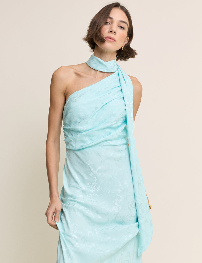 Light Blue Floral Satin Oceane Maxi Dress