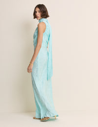 Light Blue Floral Satin Oceane Maxi Dress