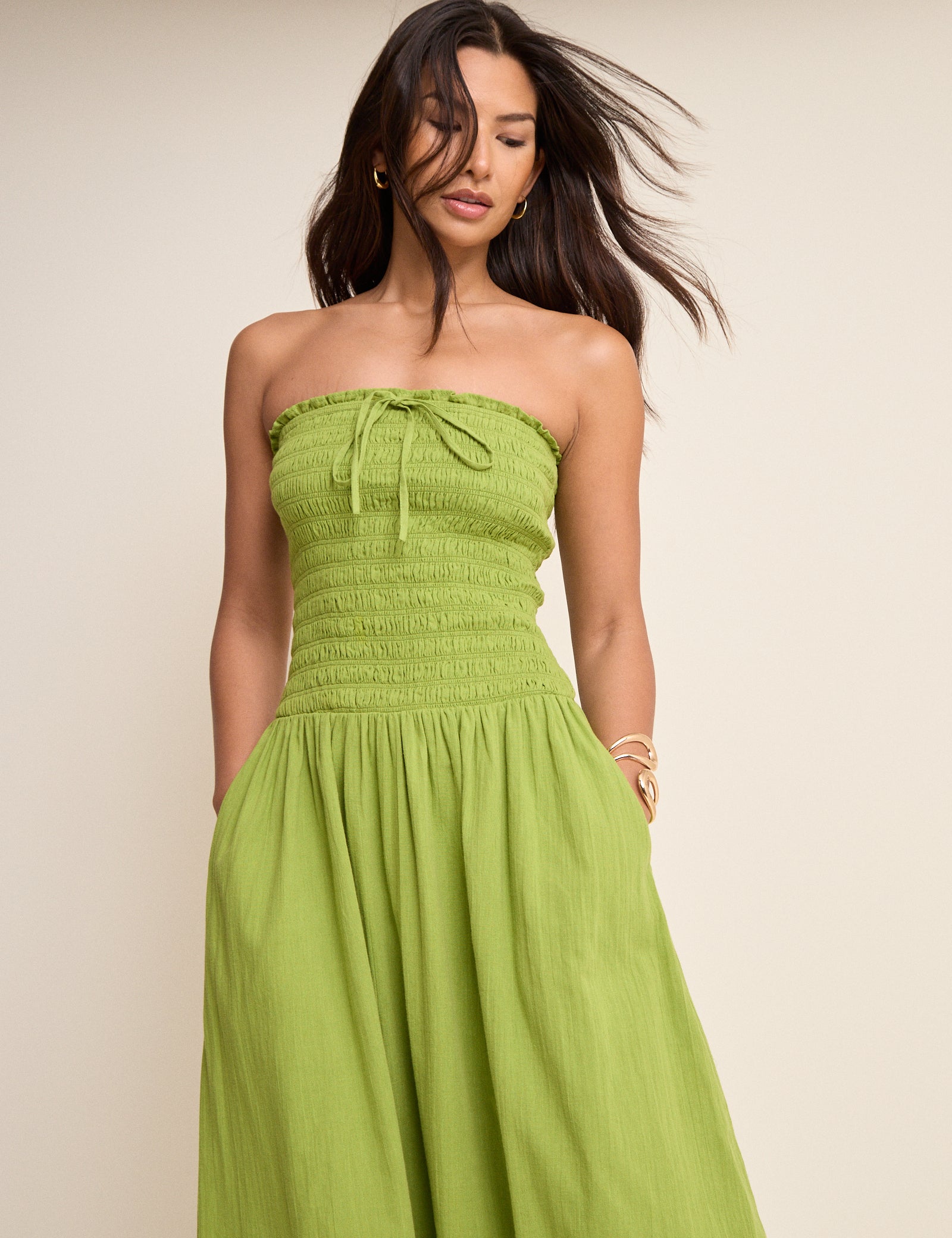 green cotton strapless dress Kelly Green Strapless Knit Contrast Cotton Maxi Dress