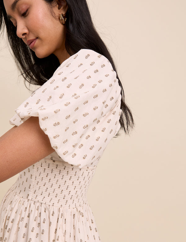 Ivory Floral Puff Sleeve Mara Midi Dress