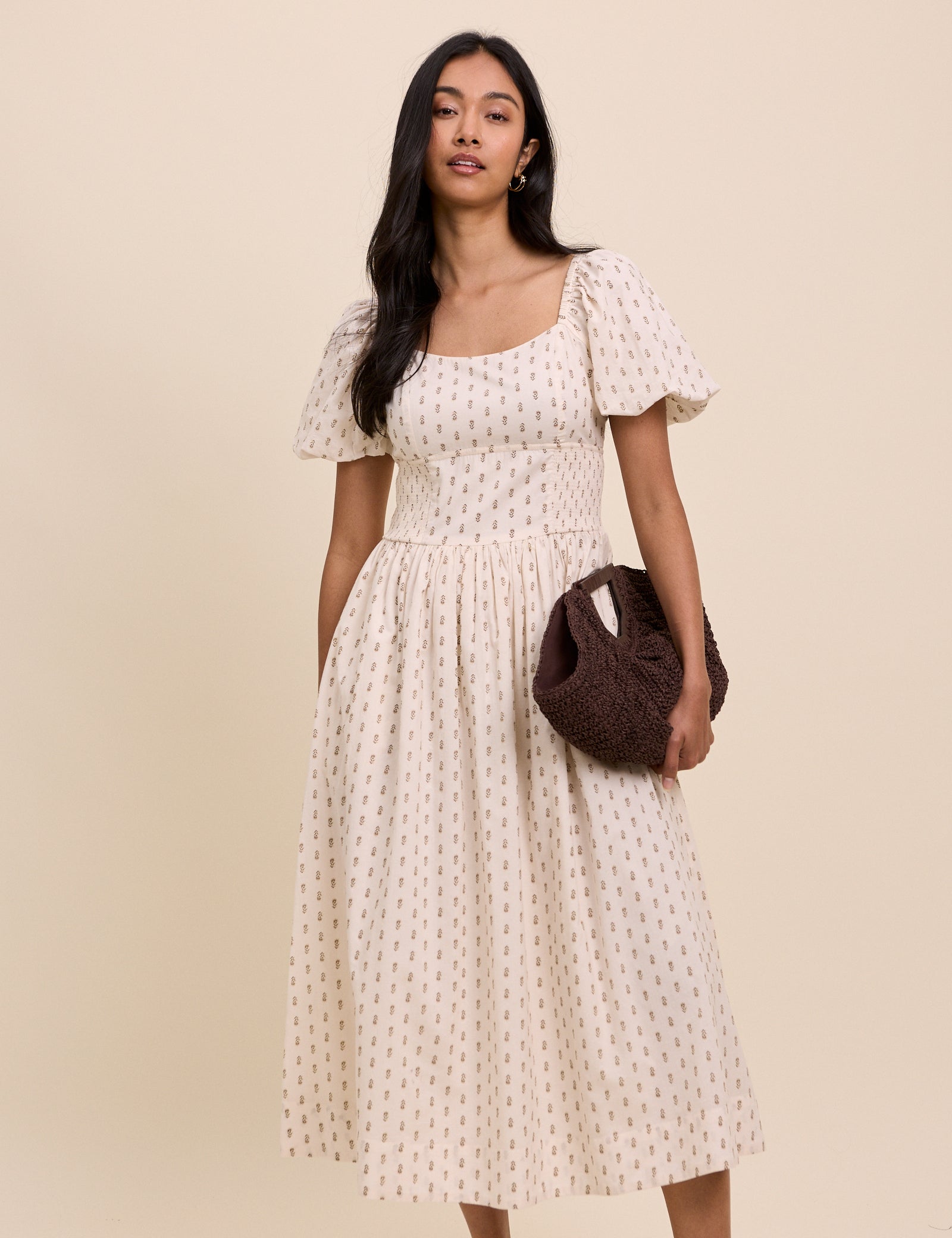 Ivory Floral Puff Sleeve Mara Midi Dress