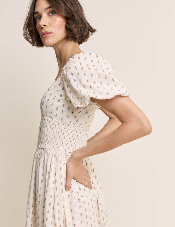 Ivory Floral Puff Sleeve Mara Midi Dress