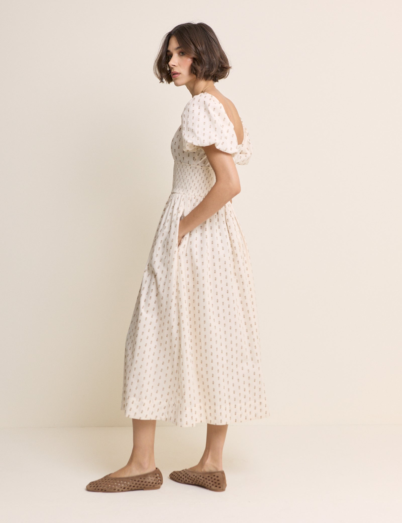 Ivory Floral Puff Sleeve Mara Midi Dress