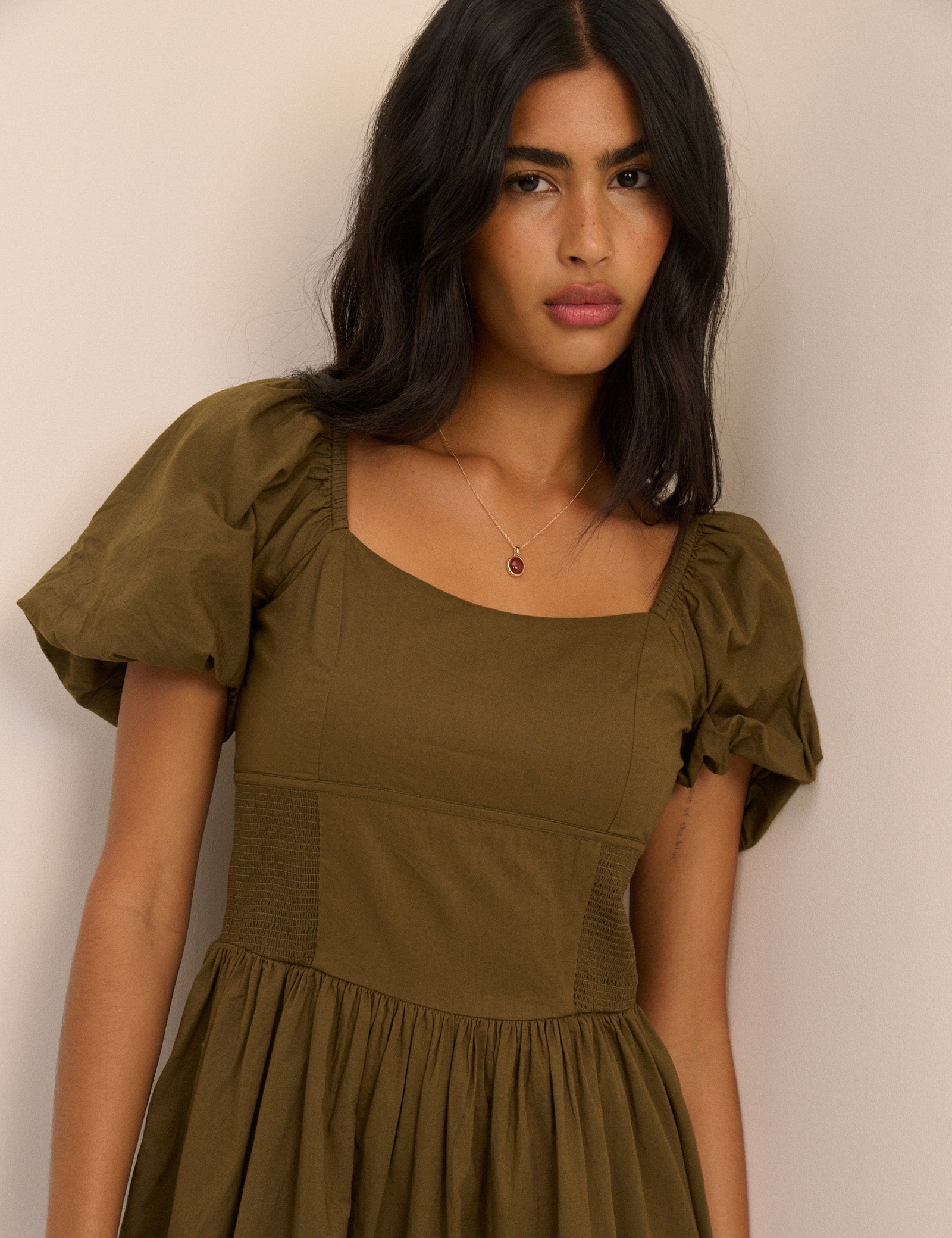 Khaki Puff Sleeve Mara Midi Dress