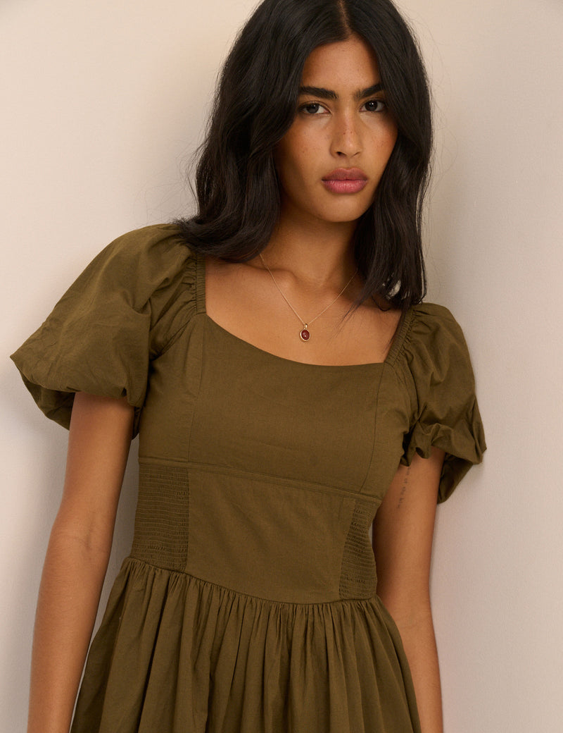 Khaki Puff Sleeve Mara Midi Dress