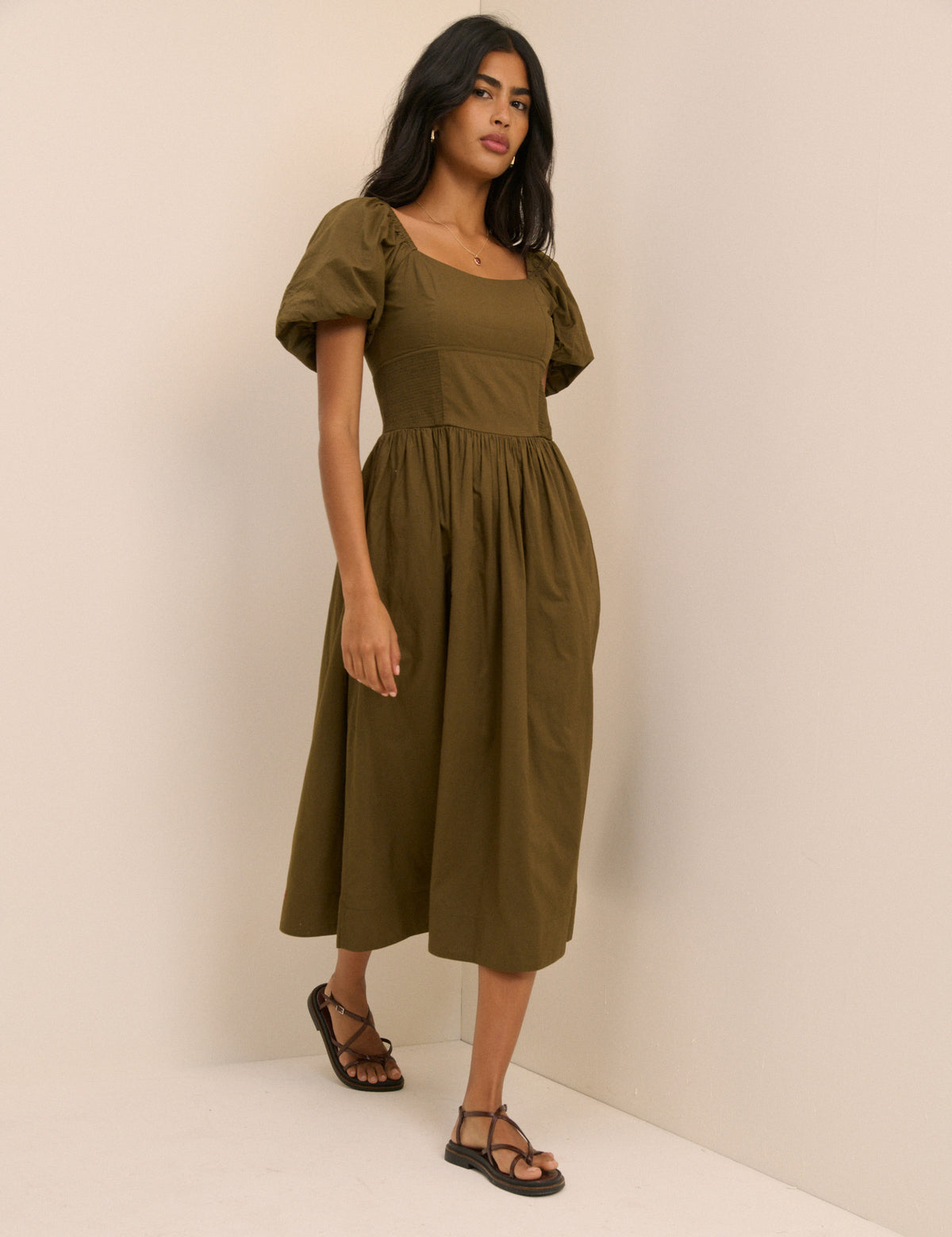 Khaki Puff Sleeve Mara Midi Dress