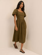 Khaki Puff Sleeve Mara Midi Dress