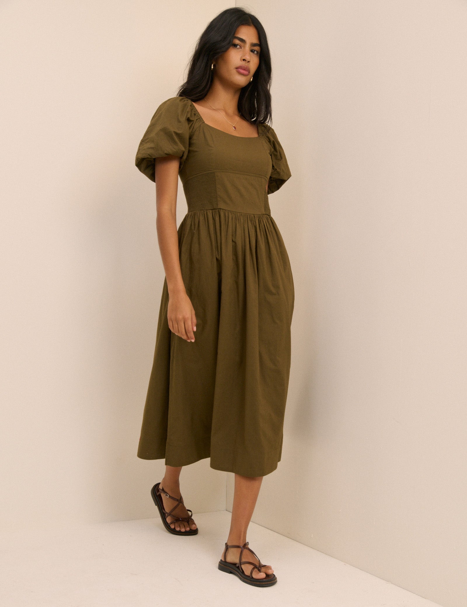 Khaki Puff Sleeve Mara Midi Dress