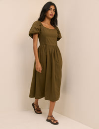 Khaki Puff Sleeve Mara Midi Dress