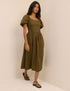 Khaki Puff Sleeve Mara Midi Dress