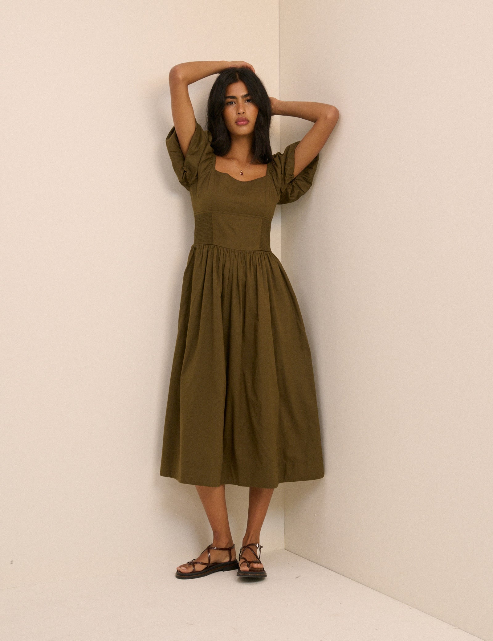 Khaki Puff Sleeve Mara Midi Dress
