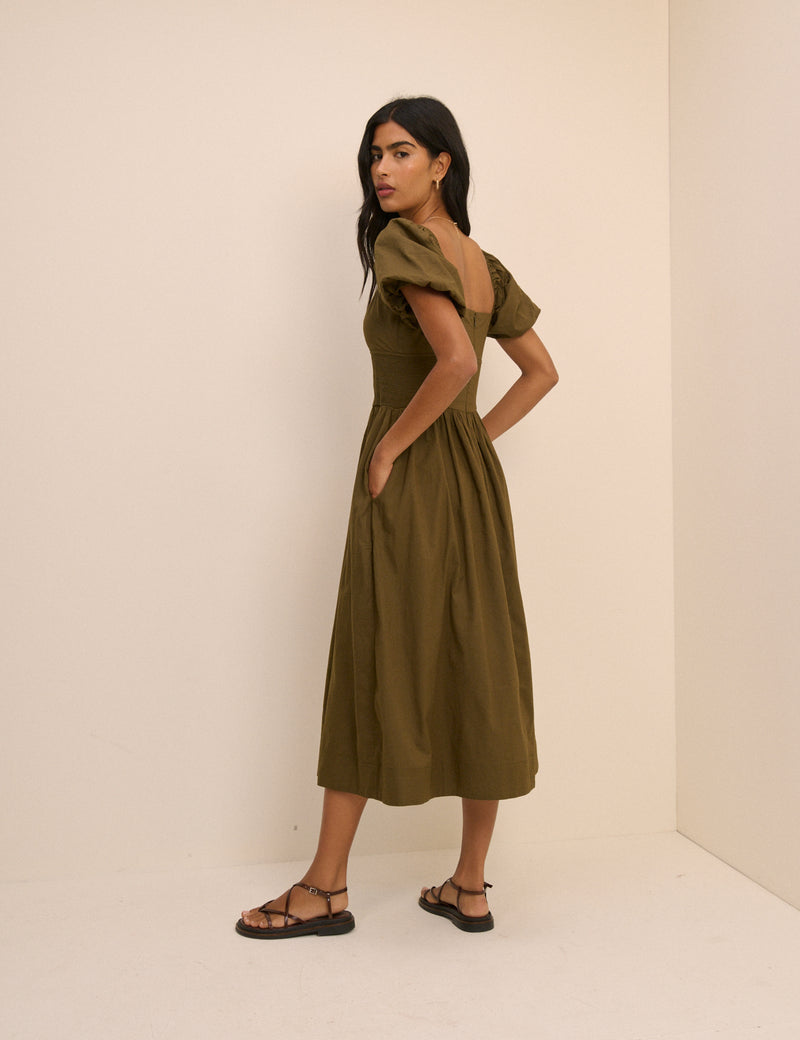 Khaki Puff Sleeve Mara Midi Dress