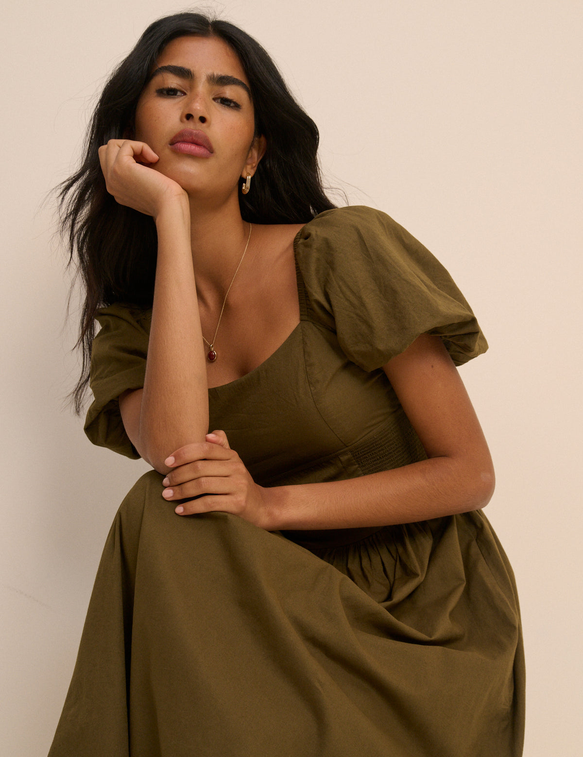 Khaki Puff Sleeve Mara Midi Dress